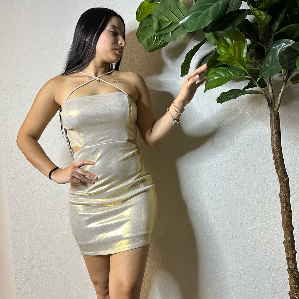 Junior’s Crystal Doll Women's Gold Mini Dress Size M